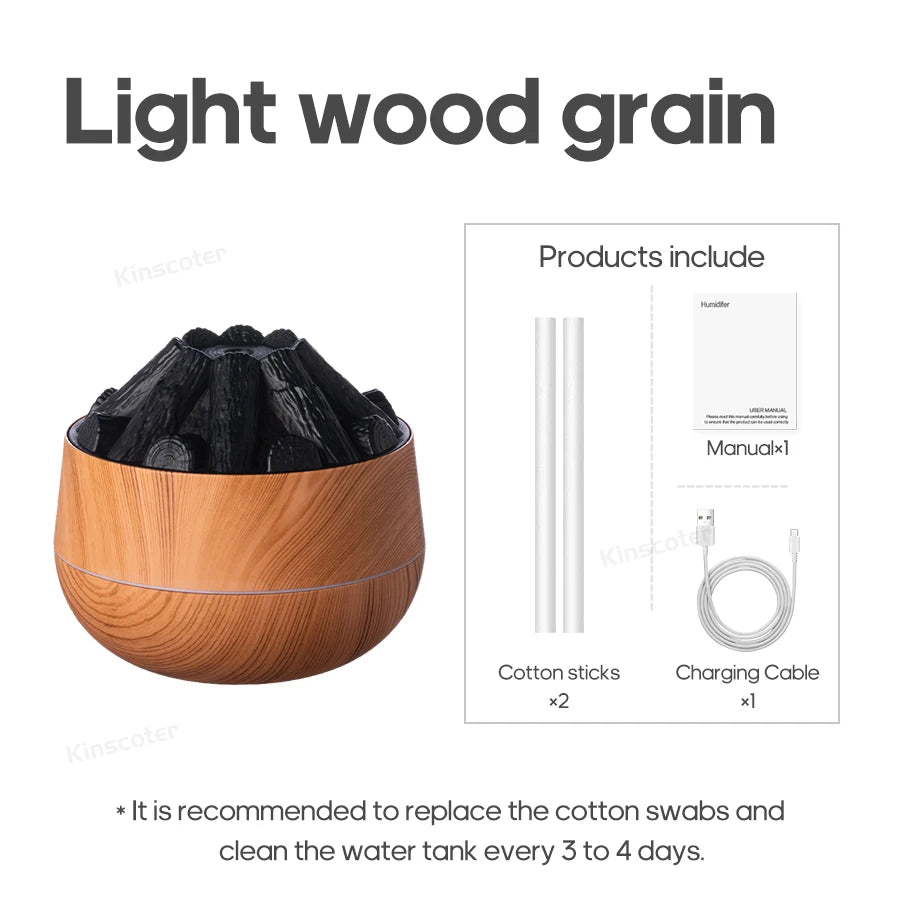 Transform Your Space with the Simulated Campfire Air Humidifier - Classic Woodgrain USB Mist Diffuser