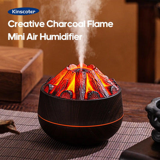 Transform Your Space with the Simulated Campfire Air Humidifier - Classic Woodgrain USB Mist Diffuser
